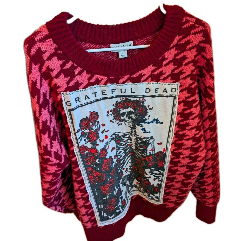 WAYF Grateful Dead Knit Sweater Women M Burgundy Pink Houndstooth Crewneck
